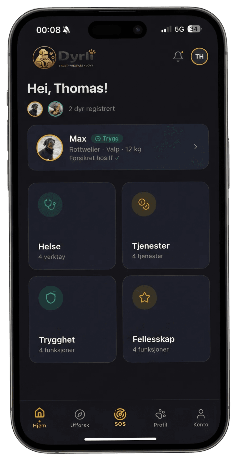 Dyrli app — hjemskjerm for kjæledyrprofil med helse, tjenester og trygghet