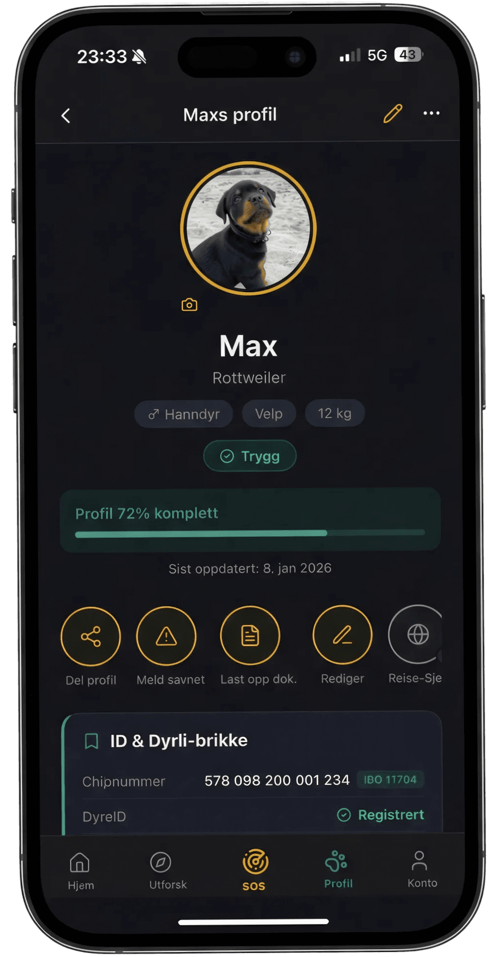 Dyrli app — dyreprofil for Max med ID, Dyrli-brikke og statusoversikt