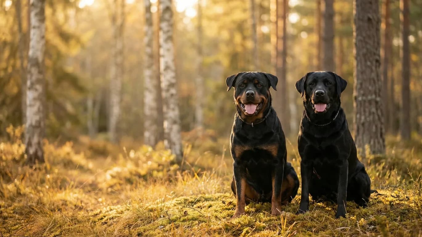 To hunder i norsk skog med gyllent sollys — Dyrli kjæledyrapp